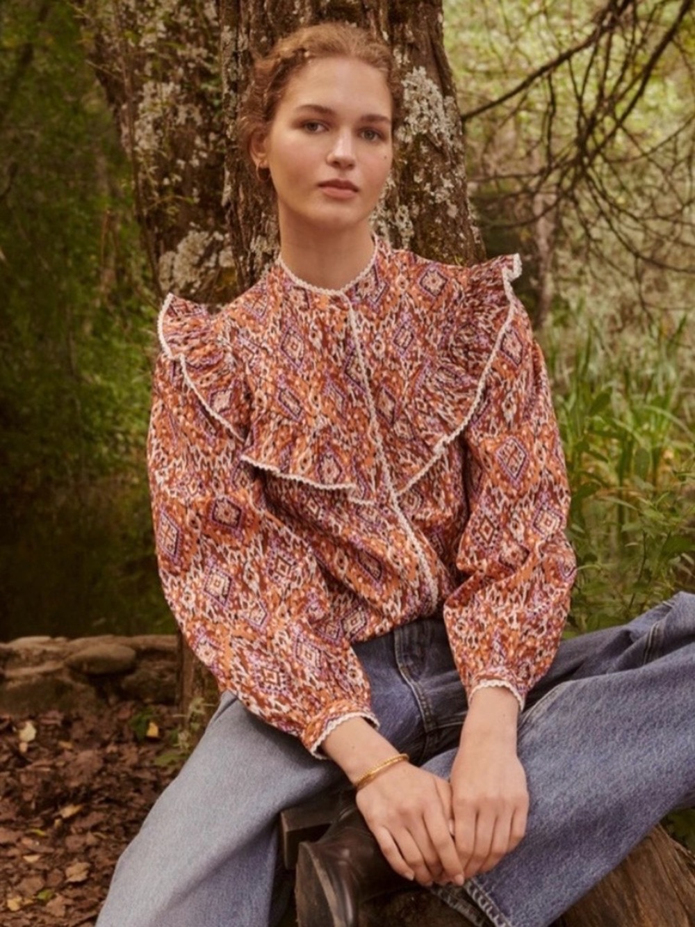 Sonmer Dorothy Button Down Ruffle Shirt in Ikat